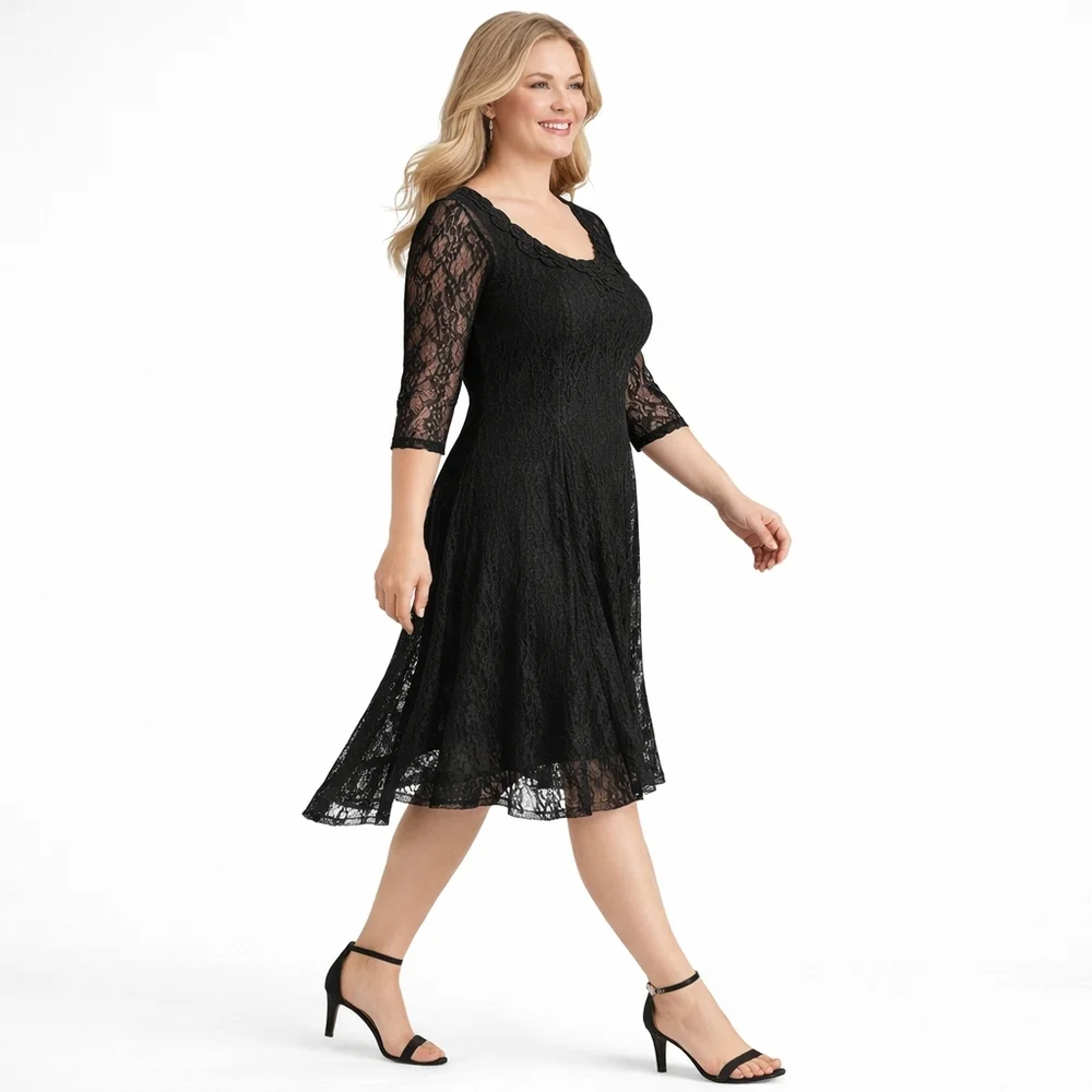 Lily by Firmiana 2X Black Lace Sharkbite Dress Rosette Neckline - Picture 3 of 13